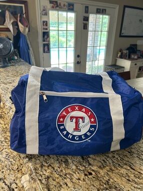 Texas Rangers Blue Duffel Bag with White Straps